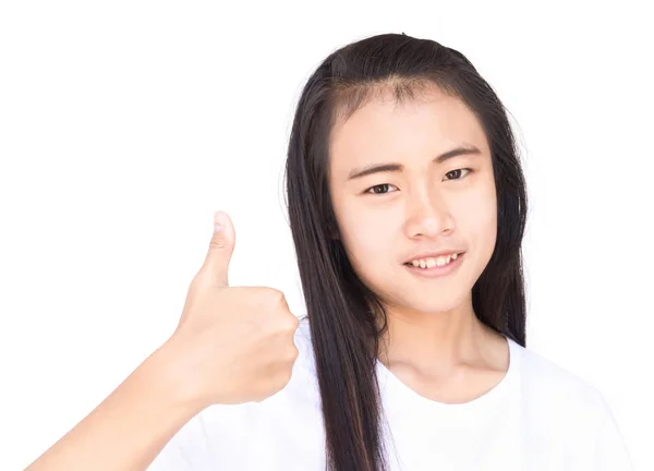 Närbild Asiatisk Ung Kvinna Visar Tummen Upp Med Vit Bakgrund — Stockfoto
