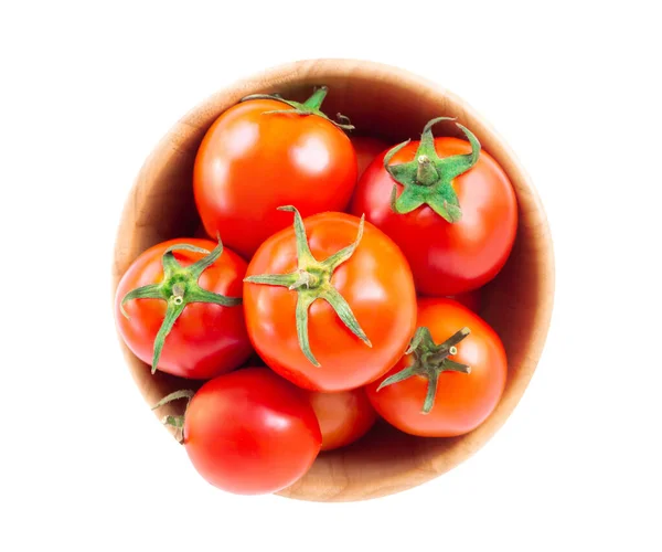 Pomodori Rossi Freschi Ciotola Legno Isolato Sfondo Bianco — Foto Stock