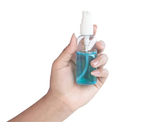 Mano Mujer Usando Spray Alcohol Botella Plástico Para Lavarse Las —  Fotos de Stock