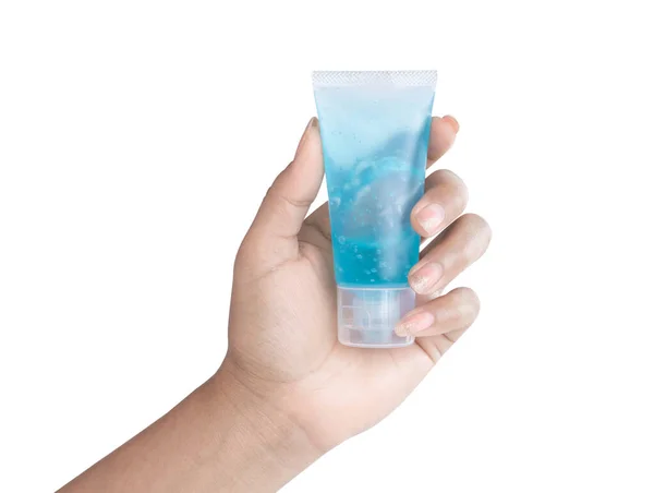 Vrouwelijke Hand Met Alcoholgel Plastic Buis Voor Het Wassen Van — Stockfoto