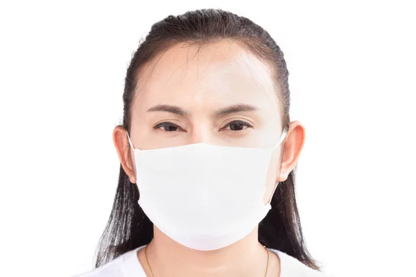 Närbild Kvinna Bär Ansiktsmask För Att Skydda Luft Polution Eller — Stockfoto