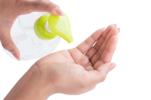 Woman Hand Using Alcohol Gel Plastic Bottle Washing Hand Health — Stock Photo, Image