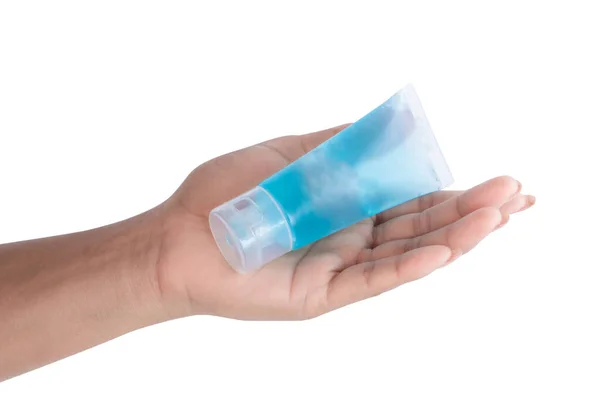 Mulher Mão Segurando Álcool Gel Tubo Plástico Para Lavar Mão — Fotografia de Stock