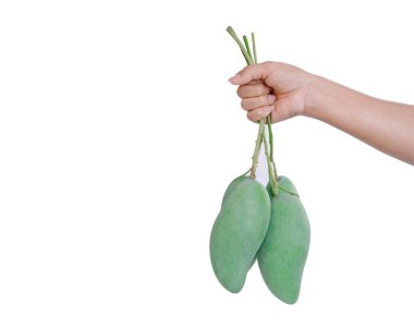 Beyaz arka planda taze tropikal meyve tutan bir kadın.