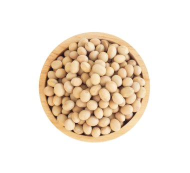 Beyaz arka planda izole edilmiş ahşap kasedeki soya fasulyesi. Sağlıklı gıda kavramı.