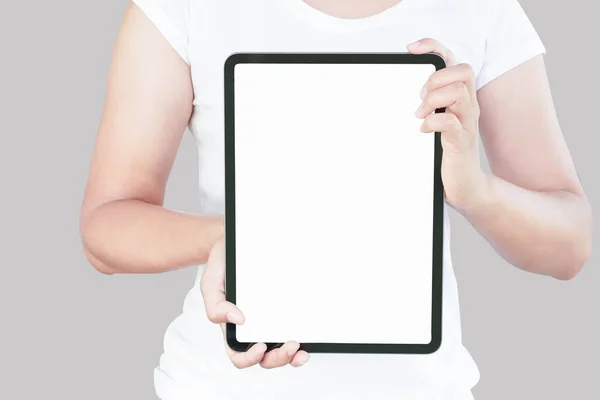 Primer Plano Mano Mujer Que Sostiene Tableta Digital Con Pantalla — Foto de Stock