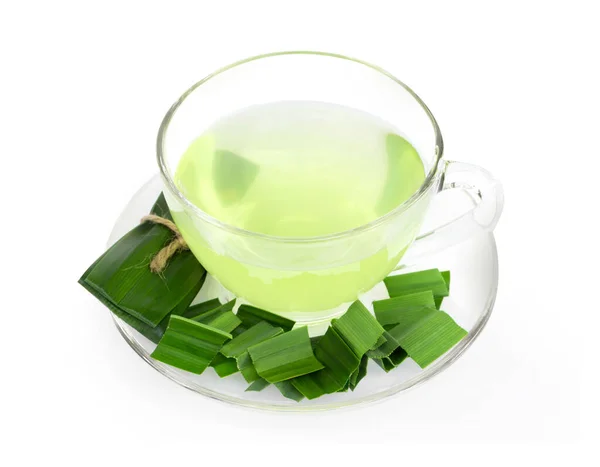 Glass Pandan Juice Green Leaves Isolated White Background — Stock Photo, Image