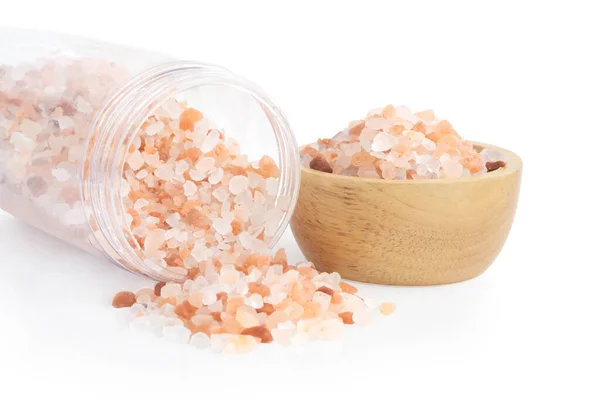 Himalayan Pink Salt Plastic Bottle Isoleted White Background Healthy Concept — Stok Foto