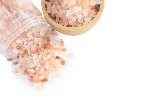 Himalayan Pink Salt Plastic Bottle Wooden Bowl Isoleted White Background — Stock Photo, Image