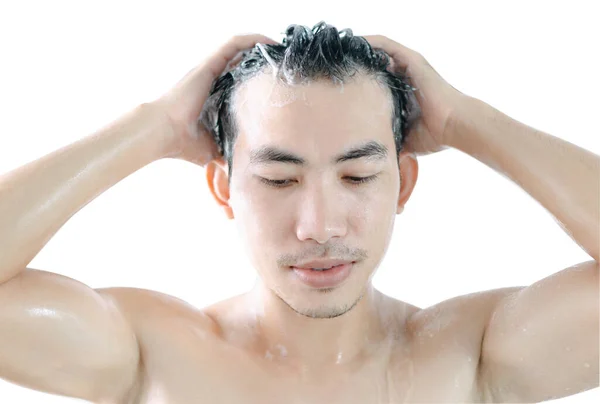 Closeup Young Man Washing Hair Shampoo Isoleted White Background Stock Photo