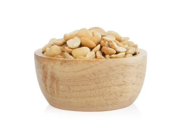 Amendoins Assados Tigela Madeira Fundo Branco Conceito Comida Saudável — Fotografia de Stock
