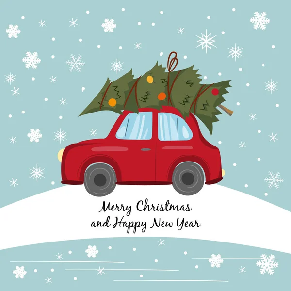 Piros autó karácsonyfa a téli háttér. — Stock Vector