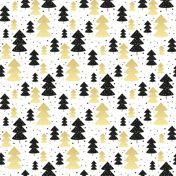 Бесшовный узор с золотыми и черными рождественскими деревьями . — стоковый вектор