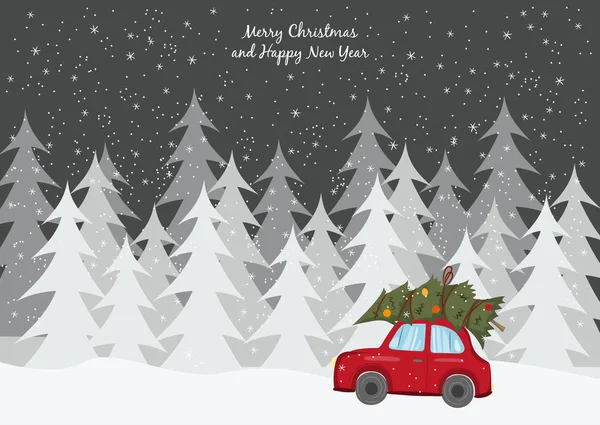 Κόκκινο αυτοκίνητο με Χριστουγεννιάτικο δέντρο για το φόντο του χειμώνα. — Διανυσματικό Αρχείο