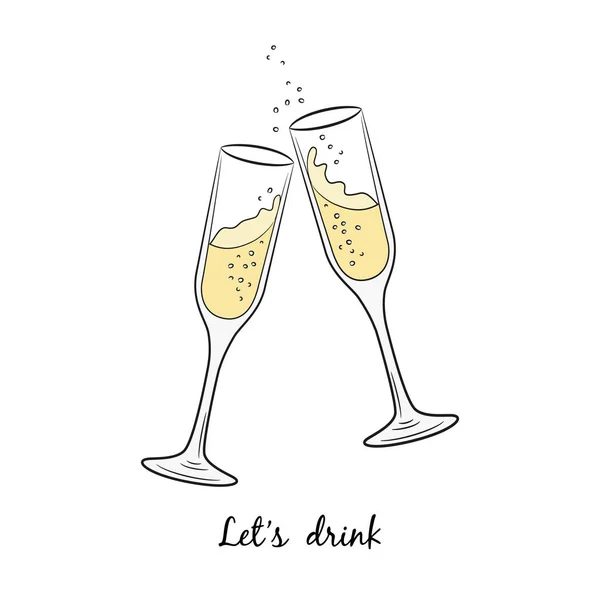 メリー クリスマスと幸せな新年のシャンパンを 2 杯. — ストックベクタ