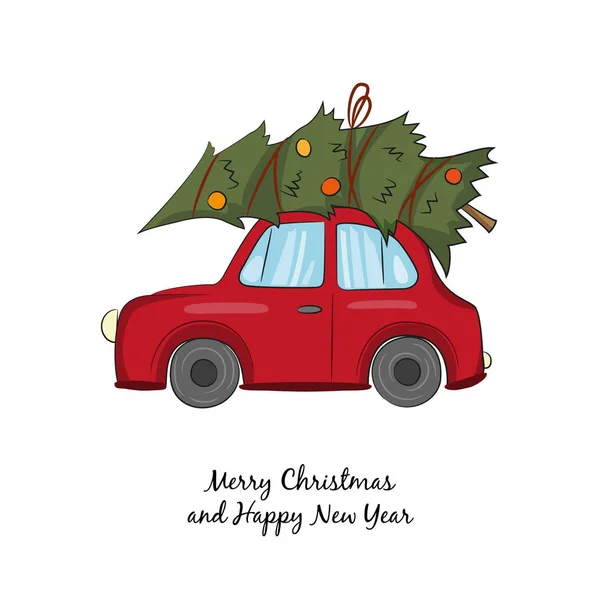 Mobil merah dengan pohon Natal di latar belakang putih . - Stok Vektor