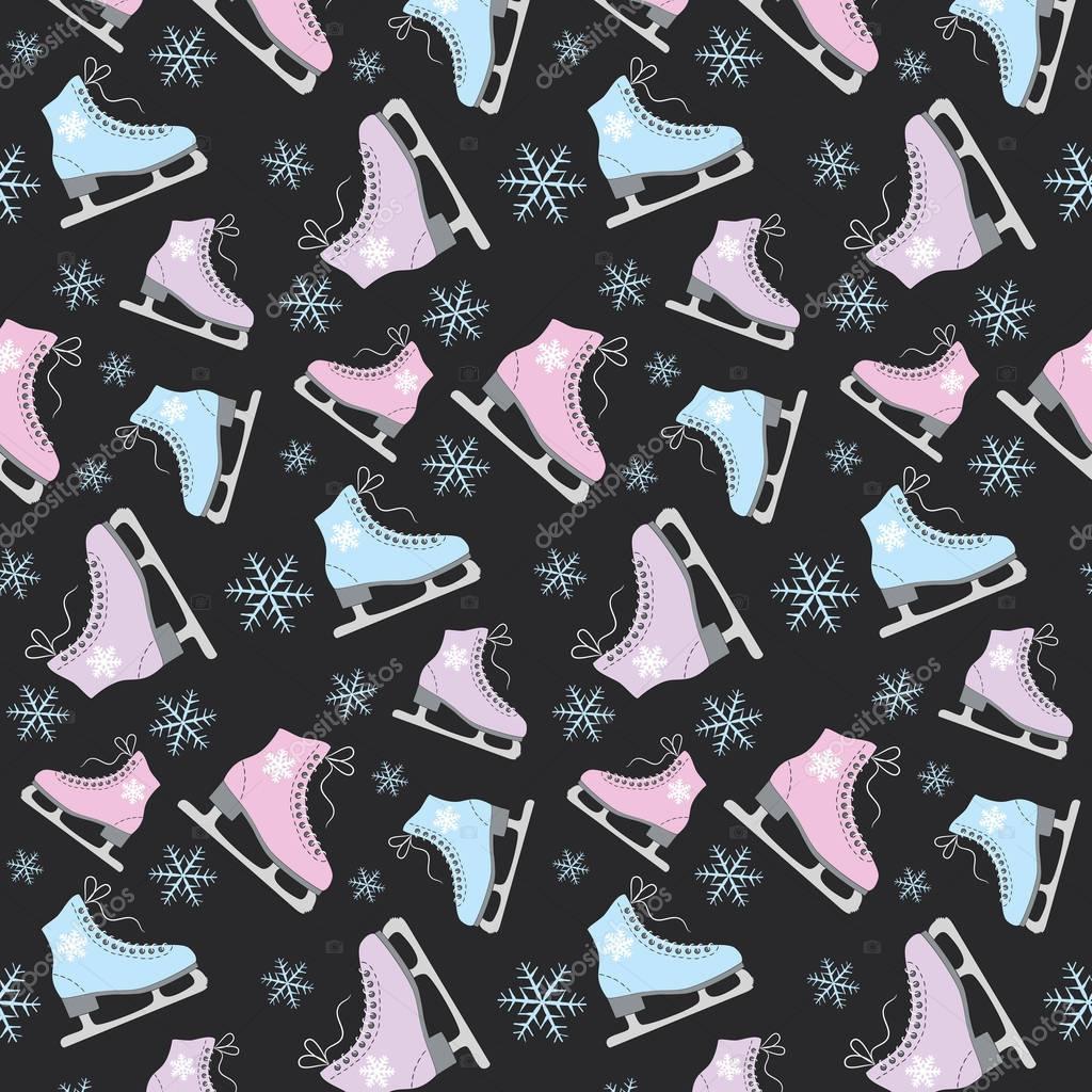 Figure skates and snowflakes on a black background. Seamless vector pattern.