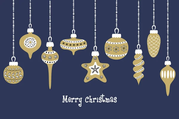 Ensemble de boules de Noël dorées sur le fond bleu . — Image vectorielle