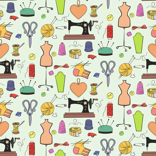 Seamless pattern of knitting, sewing and needlework  icons. — Stock Vector