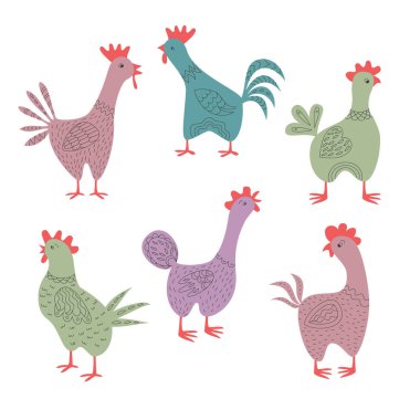 Beyaz arka plan üzerinde çizgi film horozlar kümesi. 