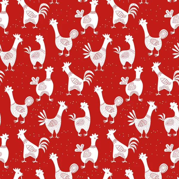 无缝模式与白公鸡上红黑色的背景 — 图库矢量图片