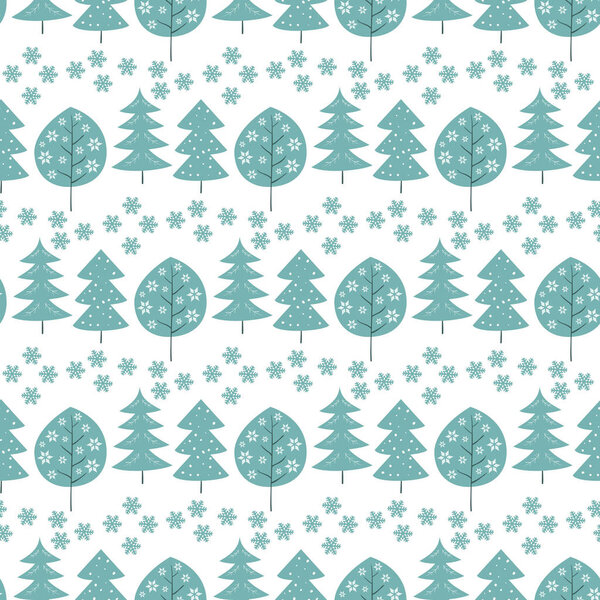 Seamless pattern with snowflakes and trees.