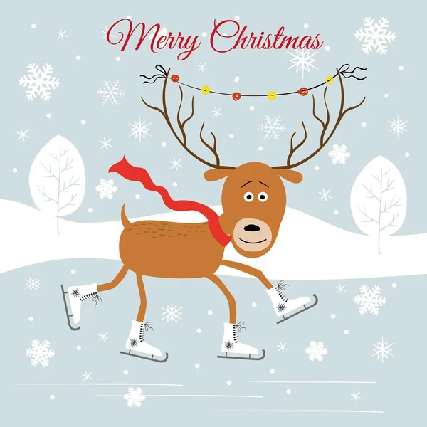 Mignon patinage cerf, illustration vectorielle de Noël . — Image vectorielle