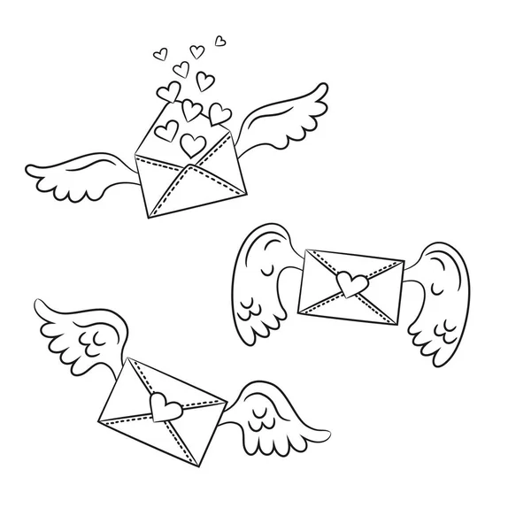 Γελοιογραφία φάκελοι με φτερά και καρδιές σε λευκό φόντο. — Διανυσματικό Αρχείο