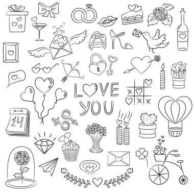 Set of Valentine day doodle elements on the white background.  clipart