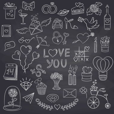 Set of Valentine day doodle elements on the black background. clipart