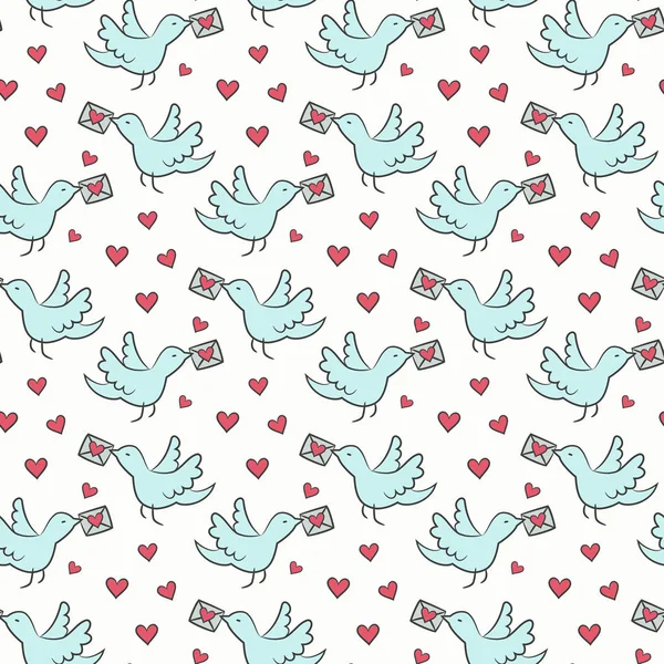 Seamless mönster med fåglar och hjärtan på vit bakgrund f — Stock vektor