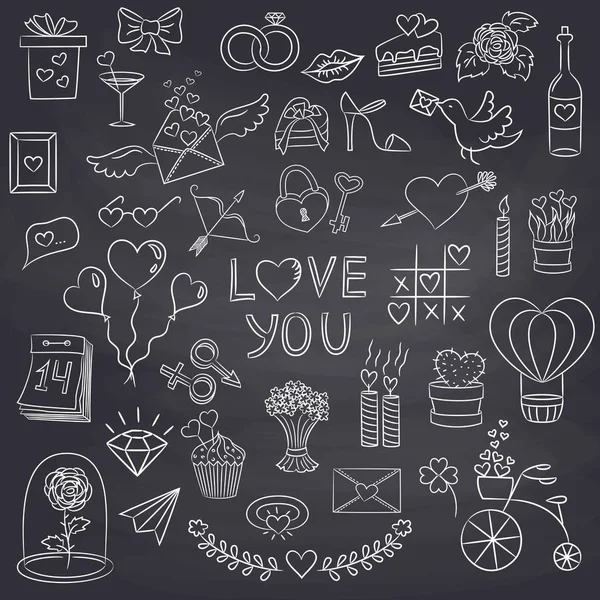 Set of Valentine day doodle elements on the black background. — Stock Vector