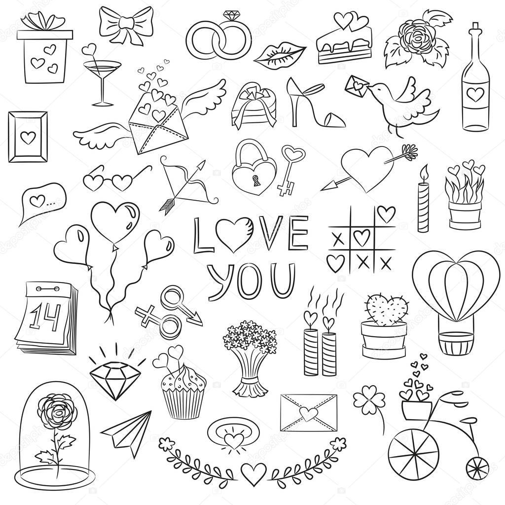 Set de elementos doodle San Valentín sobre fondo blanco. 2024