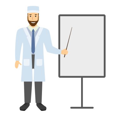 Tıp doktoru bir sunum flip grafik üzerinde gösterir..