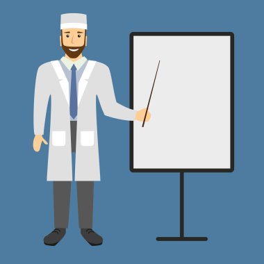 Tıp doktoru bir sunum flip grafik üzerinde gösterir.. 