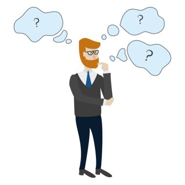 Adam kabarcıklar ve soru işaretleri ile düşünme. 