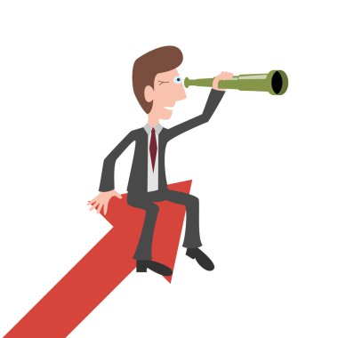 İşadamı Kırmızı oklar üzerinde oturur ve spyglass görünüyor.