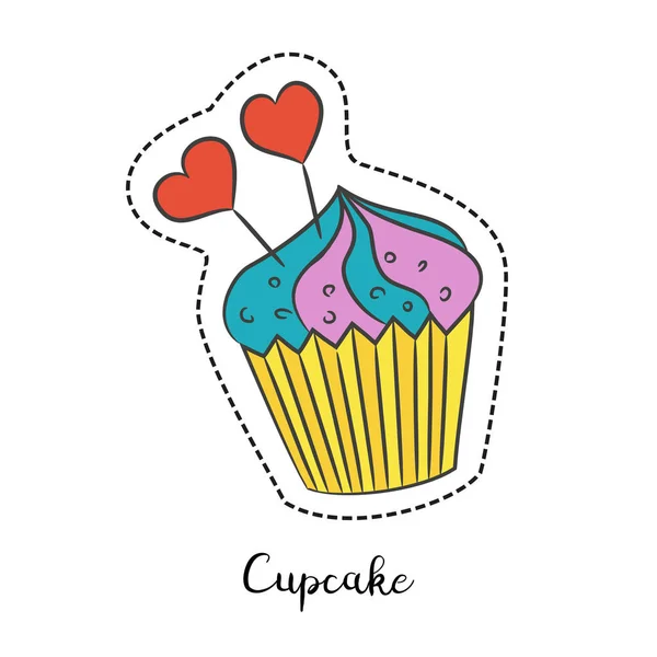 Cartoon sticker with cupcake on white background. — Stock Vector
