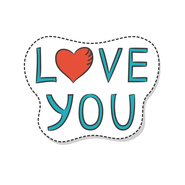 Etiqueta engomada de dibujos animados con letras "te amo" sobre fondo blanco . — Vector de stock