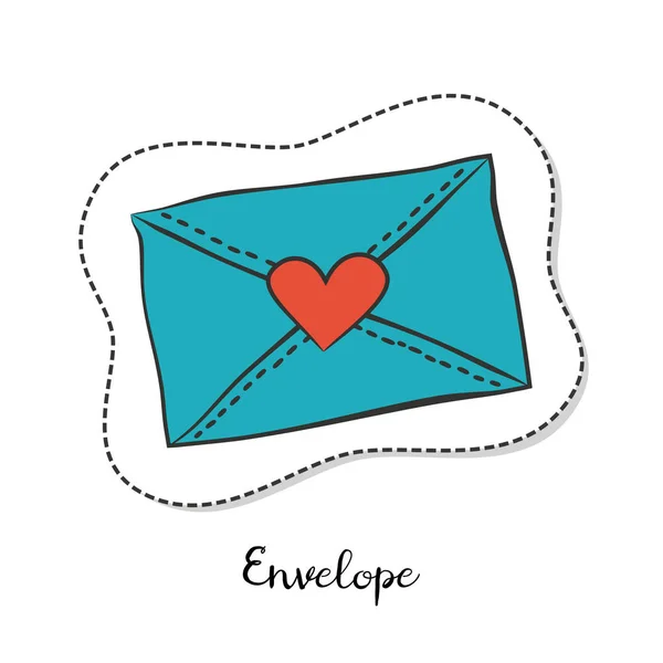 Cartoon sticker met envelop en hart op witte achtergrond. — Stockvector