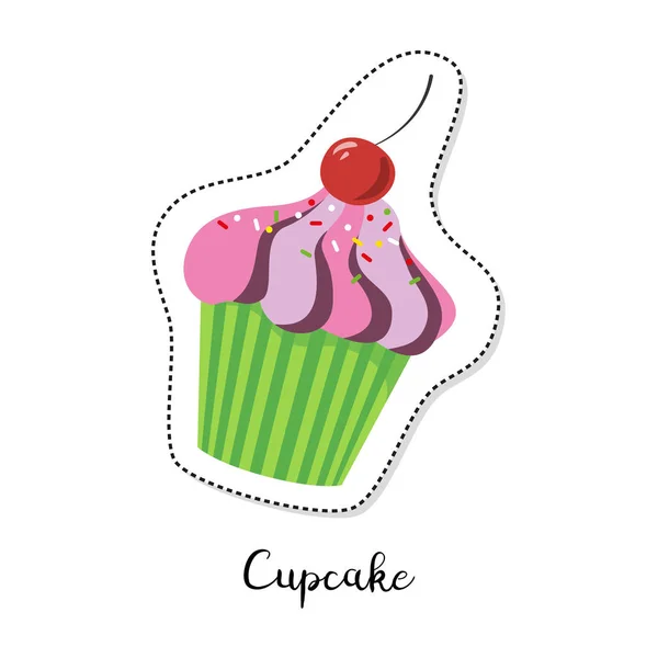 Cartoon sticker met cupcake op witte achtergrond. — Stockvector