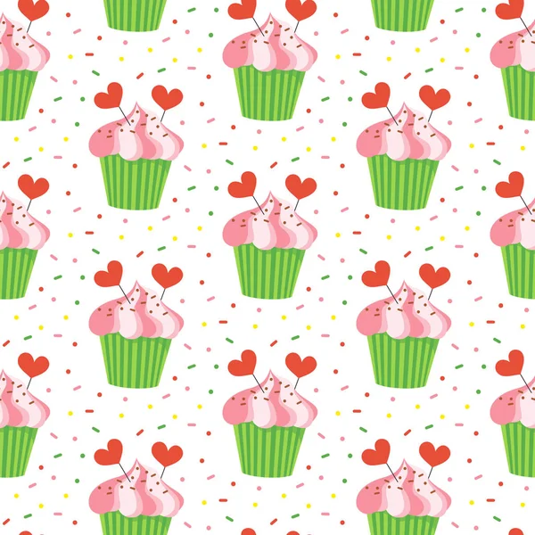 Nahtloses Muster mit Cupcakes auf weißem Hintergrund. — Stockvektor