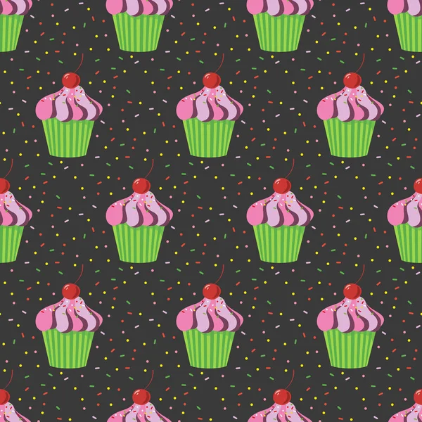 Naadloze patroon met cupcakes op de zwarte achtergrond. — Stockvector