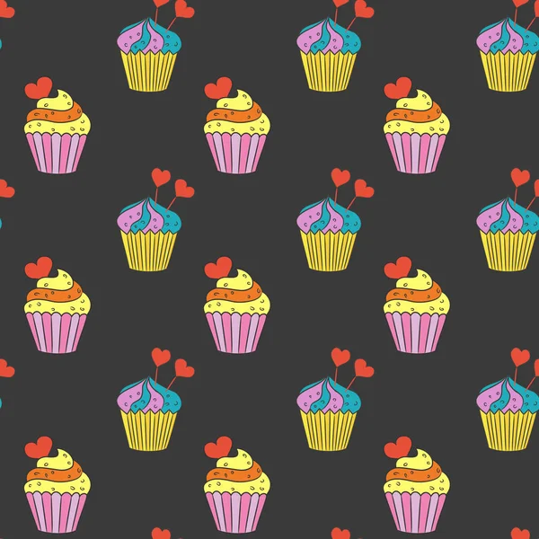 Nahtloses Muster mit Cupcakes auf schwarzem Hintergrund. — Stockvektor