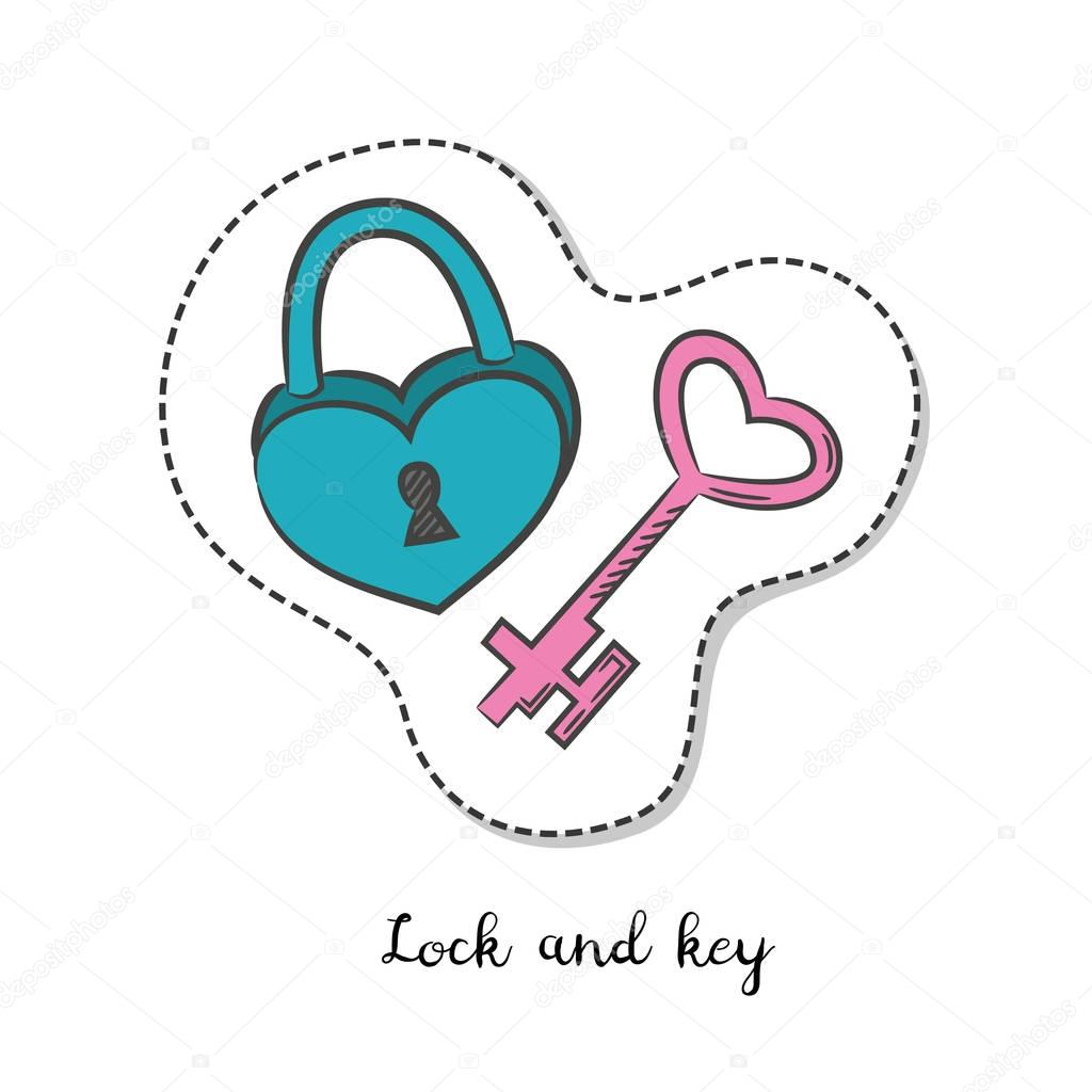 Cartoon sticker with lock and key on white background.
