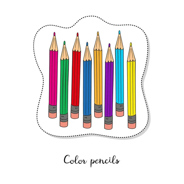 Autocollant dessin animé avec crayons de couleur pour dessin sur fond blanc — Image vectorielle