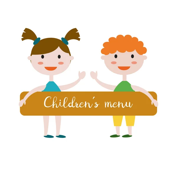 Anak-anak dengan poster "Children 's Menu" di latar belakang putih. Vektor i - Stok Vektor