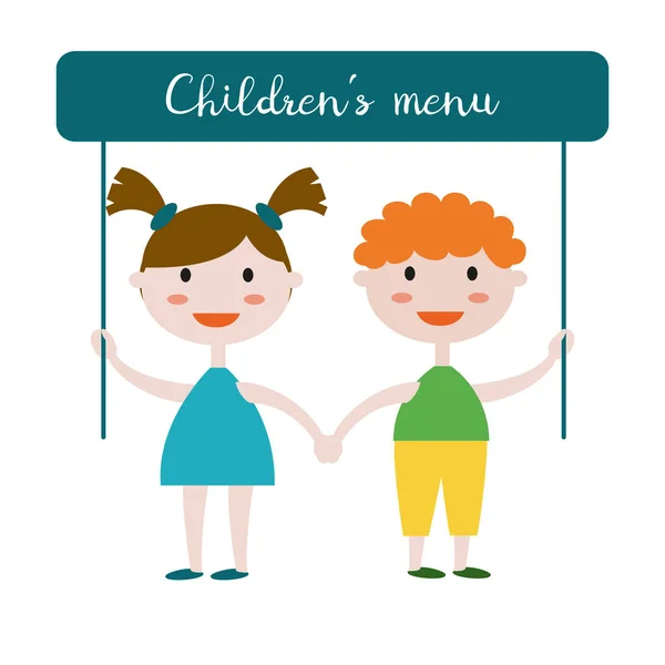 Enfants avec affiche "Menu pour enfants" sur fond blanc . — Image vectorielle