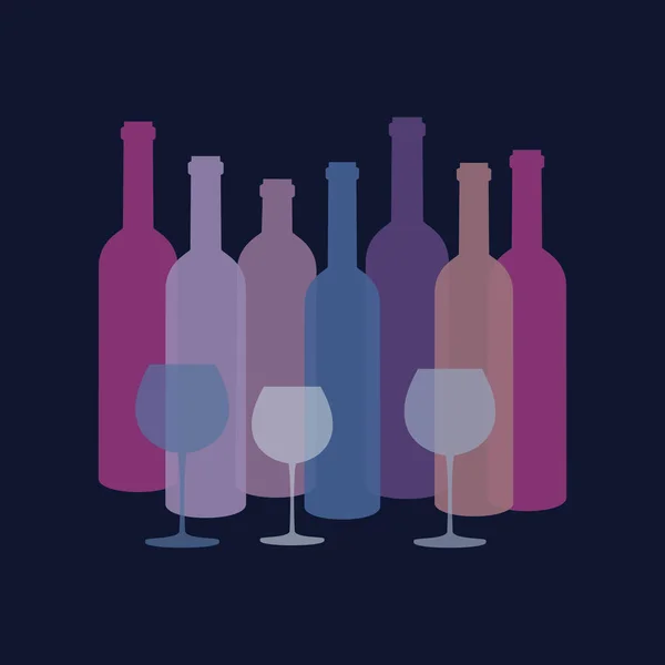 Bouteilles de vin et verres sur fond bleu . — Image vectorielle
