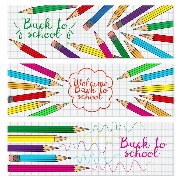Set of three horizontal banners with multicolored pencils. — Stock Vector